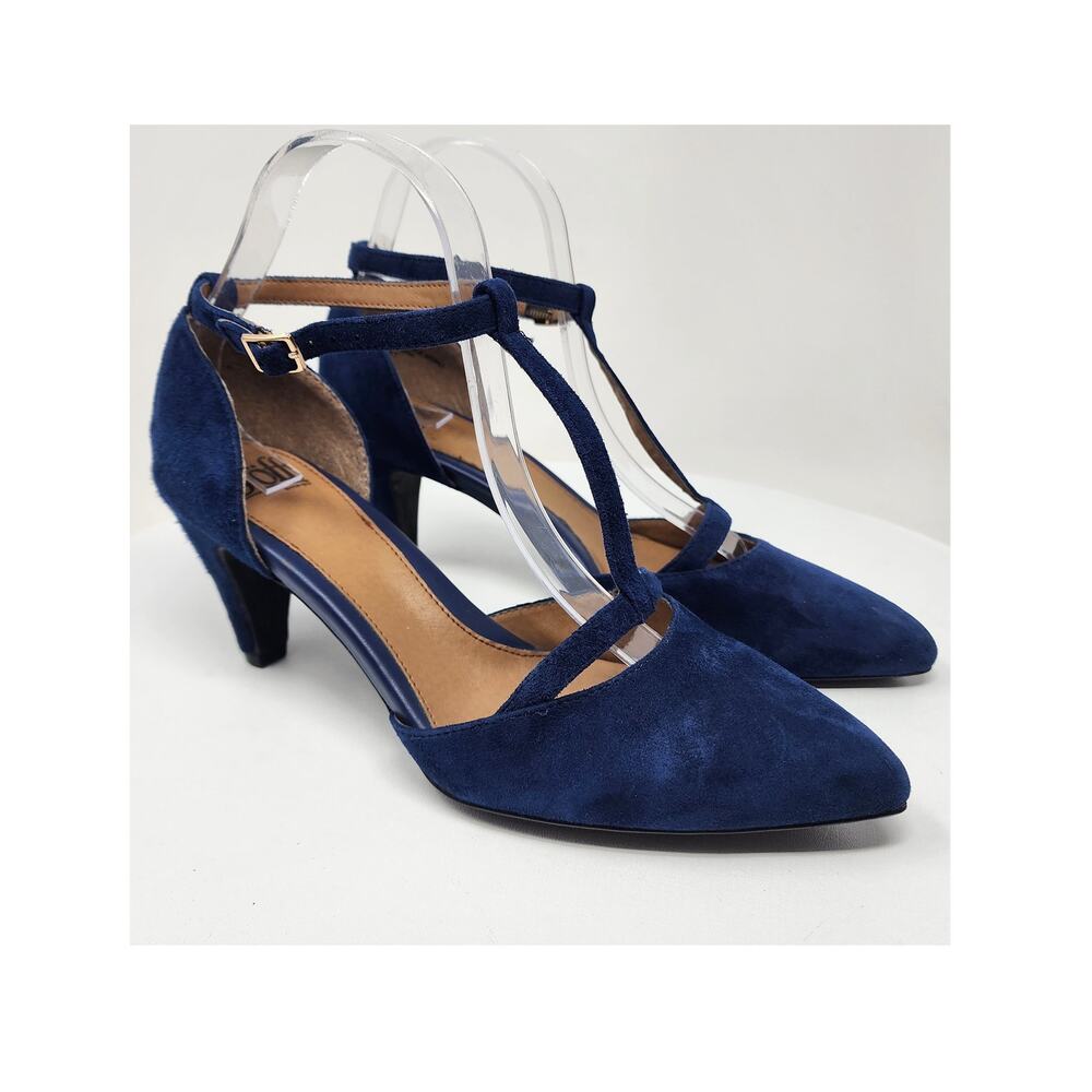 Sofft T-Strap Pumps Women 9M Blue Suede Pointed Toe Ankle Strap Heels 1540527